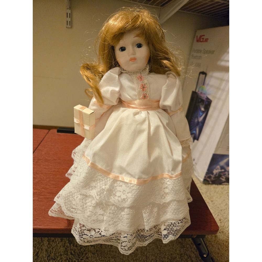 Vintage Seymour Mann Porcelain Doll White Lace Dress Pink Ribbon Gift Accessory